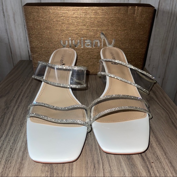 Vivianly Square Toe Strappy Block Heel Crystal Sandal - Picture 3 of 5